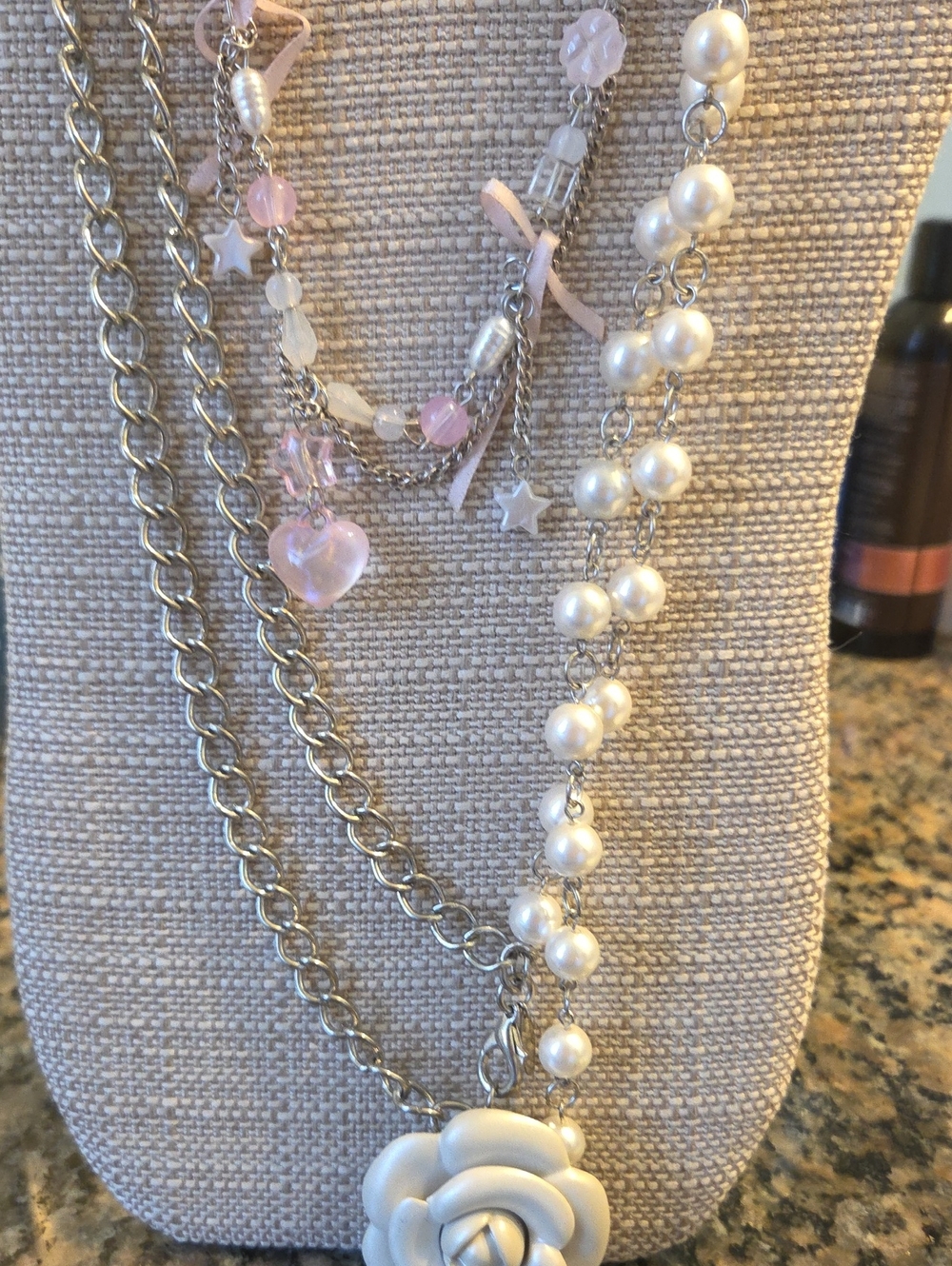 NY Pearl & Flowered Bead Layered Pendant Necklace Paired w/Pink Beads & Bracelet